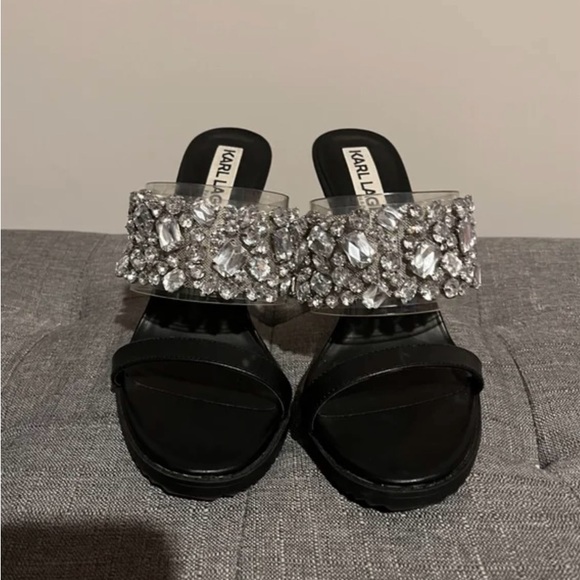 Karl Lagerfeld Black and Silver Crystal Sandals - Picture 3 of 5